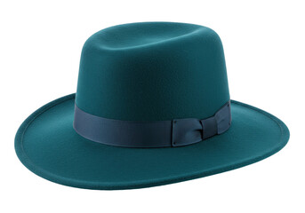 Elegant teal fedora hat isolated, stylish felt headwear with ribbon for fashion accessory and formal wear