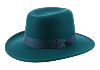 Elegant teal fedora hat isolated, stylish felt headwear with ribbon for fashion accessory and formal wear
