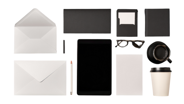 Flat lay of various office supplies