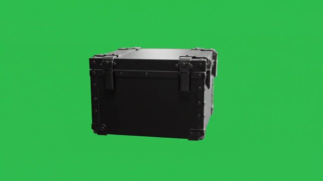 A sturdy black equipment flight case or storage trunk with metal reinforcements, isolated on a green screen background.