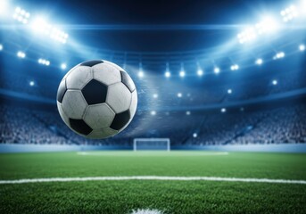 Fototapeta premium A classic black and white soccer ball suspended in mid air above a stadium field isolated on white background