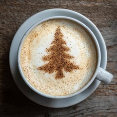Obraz premium Top-down view of creamy latte in white cup with foam artfully shaped into simple Christmas tree silhouette using cinnamon on dark wooden table.
