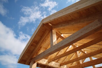 Fototapeta premium Exposed Wooden Rafters Against a Blue Sky with Clouds.