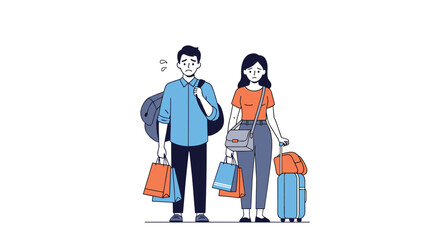 Couple with luggage and shopping bags looking worried.