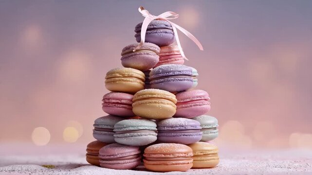 Pastel Colored Macaron Tower with Pink Ribbon, Elegant French Patisserie Dessert, Soft Pink Background, Luxury Sweet Gift, Confectionery Close-Up