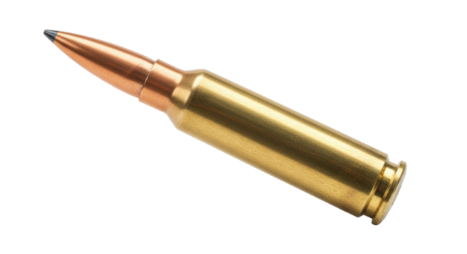 Brass rifle bullet isolated on transparent background, ammunition for shooting and hunting