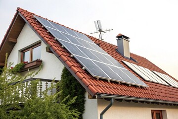 Fototapeta premium Solar panels on modern house roof with red tiles