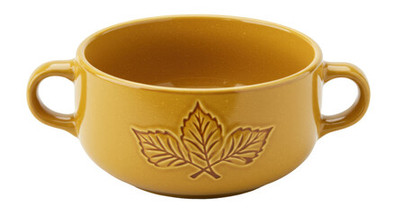 Mustard yellow ceramic soup bowl with leaf design isolated, kitchenware for food presentation and serving
