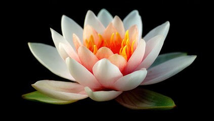 A delicate lotus blossom, with soft peachy-white petals and vibrant orange stamens, stands out against a deep black background, showcasing its exquisite beauty.