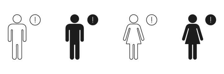 Male And Female Alert Icons Set. Gender-Specific Warning And Notification Symbols Collection. Exclamation Mark With Male And Female Silhouettes. Isolated Vector Illustration