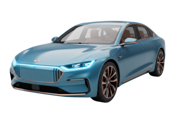 Modern blue electric car isolated on transparent background, luxury sedan vehicle for eco-friendly transportation and automotive design