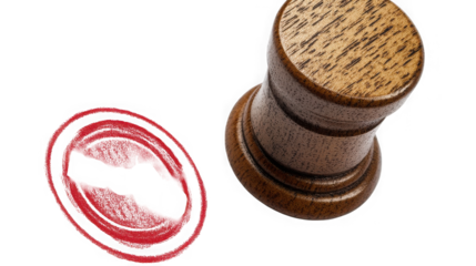 Wooden judge gavel and red rejected stamp close up view on transparent background