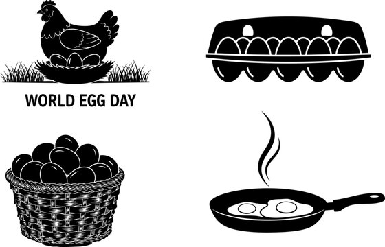 World Egg Day Celebration Icons with Chicken, Carton, Basket, and Fried Eggs

