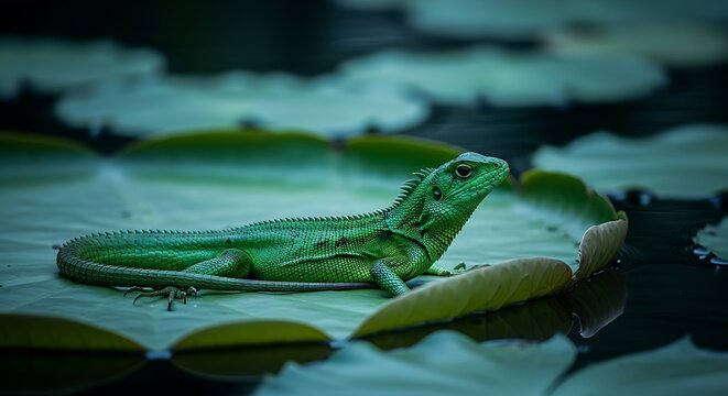 Green lizard resting on lily pads in a pond.