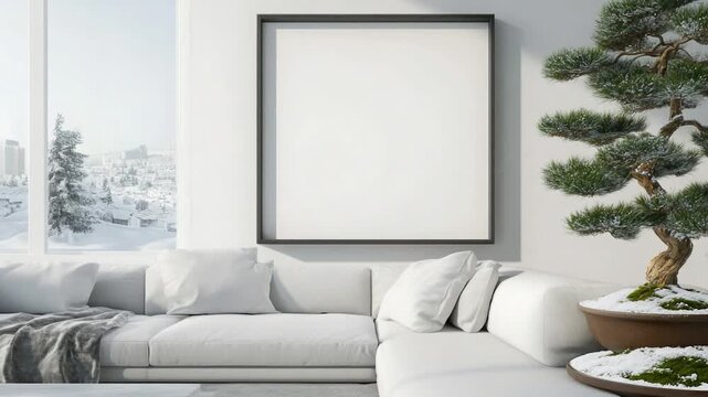 Cozy living room with a white sofa and a small tree, perfect for home decor or interior design inspiration