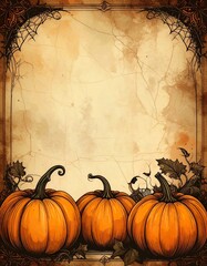 Antique Halloween background showing vintage pumpkins on aged parchment paper texture