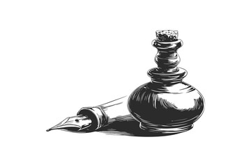  Black and white vector illustration depicting a vintage ink bottle and fountain pen. This stylized artwork captures the elegance of traditional writing tools and their timeless appeal.
