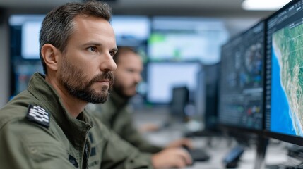 Focused Professionals in Command: A highly skilled individual, absorbed in analyzing critical data displayed on expansive computer screens, symbolizing the dedication of modern technology.