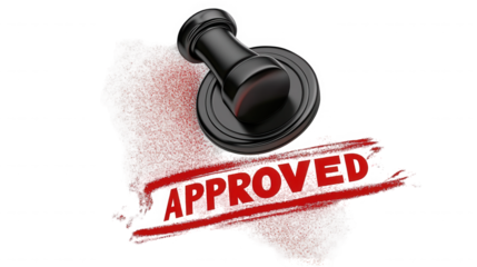 Rubber stamp with the word approved in red ink on a white smoky background on transparent background