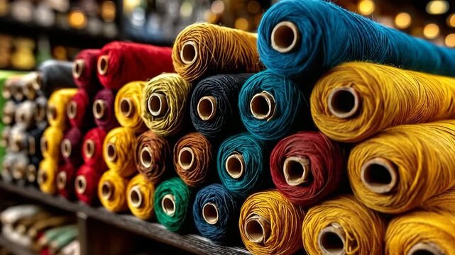 Colorful spools of thread neatly arranged in a textile shop showcasing vibrant colors and textures
