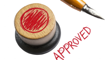 Wooden stamp with red approved mark and paintbrush shot on transparent background