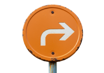 Orange right turn sign PNG isolated on transparent background, directional road sign for traffic and safety
