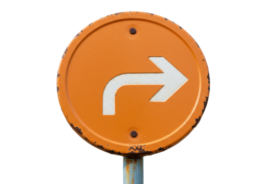 Orange right turn sign PNG isolated on transparent background, directional road sign for traffic and safety