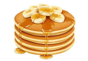 Stack of pancakes with banana slices and syrup isolated PNG, delicious breakfast food for restaurant menu and recipe design
