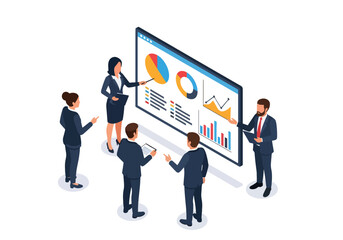 3D isometric illustration of business professionals analyzing charts and graphs on a digital screen, focusing on teamwork, data-driven strategy, and corporate decision-making