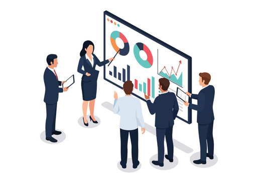 3D isometric illustration of business professionals analyzing charts and graphs on a digital screen, focusing on teamwork, data-driven strategy, and corporate decision-making