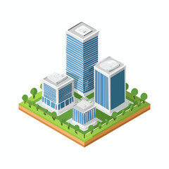 Isometric view of modern city buildings on green land.