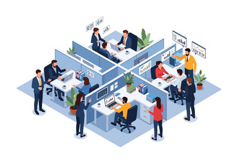 3D isometric illustration of employees working in office cubicles with laptops, charts, and reports, highlighting productivity, teamwork, and business communication in a modern workplace
