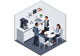 3D isometric illustration of business professionals having a casual coffee break meeting in an office pantry, emphasizing teamwork, collaboration, and workplace communication