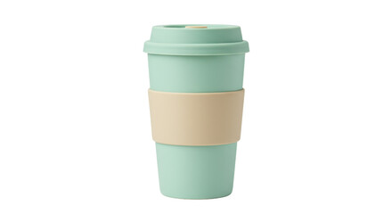 Reusable light green coffee cup with beige sleeve isolated on white, eco-friendly travel mug for hot drinks and sustainable lifestyle