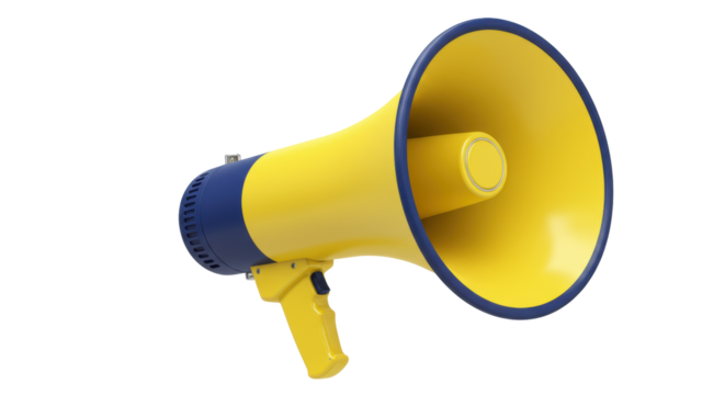 Yellow and blue megaphone isolated PNG, public address system for announcements and promotions on transparent background