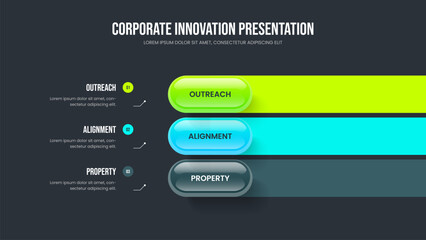 Fototapeta premium Investor Launch Three Step Diagram Slide Template. Modern Showcase 3 Option Infographic Frame Layout. Financial Development Slideshow Design Vector Illustration.