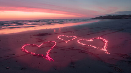 

Glowing hearts lined up along the beach cast a soft, romantic light that gently illuminates the shore with a touch of magic.