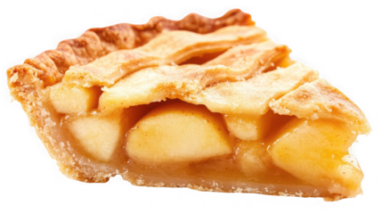 Delicious slice of homemade apple pie with flaky crust on transparent background