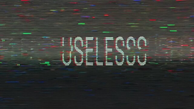 Glitchy Useless Text Displayed on Distorted Screen Background.