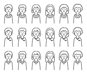医療関係の制服を着た様々なタイプの女性のアバターのベクターイラスト,アイコン,シンプル,モノクロ