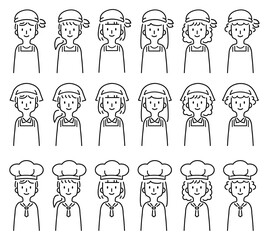 飲食関係の制服を着た様々なタイプの働く女性のアバターのベクターイラスト,アイコン,シンプル,モノクロ	
