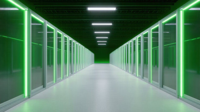 Futuristic data center corridor with green light glowing on server racks. Modern, sustainable technology and network infrastructure creating powerful and impressive atmosphere