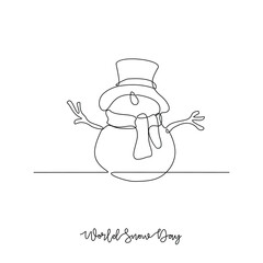 One continuous line drawing of World Snow Day vector illustration. World Snow Day theme design concept in simple linear continuous line. Great design for World Snow Day event and campaign purpose.