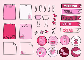 cute pink journal collection with sticky notes and stickers.