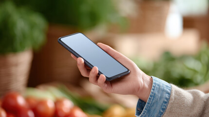 Focused person shopping with smartphone in hand at grocery market. Using digital app for payment or list, showcasing modern retail technology in store