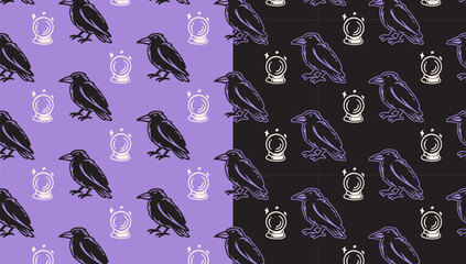 crown bird and crystal ball doodle seamless pattern on purple black background set for halloween merchandise. raven and magic globe isolated motif pattern background. vector illustration