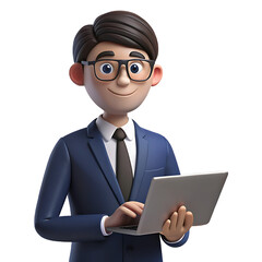 Smiling cartoon businessman wearing glasses and a suit holding a laptop computer isolated on white background