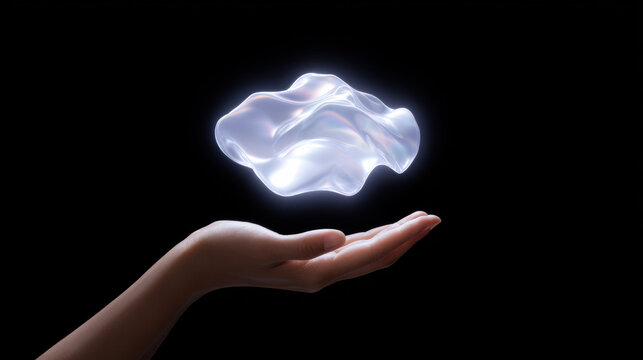 Mysterious glowing fluid shape representing future currency floats weightlessly over human hand. abstract concept of digital technology embodies innovation and hope