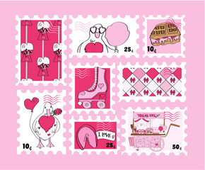 cute pink Valentine's Day stamps collection