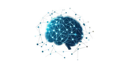 Digital brain surrounded by network connections on transparent background